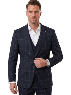 Deepsea Erkek Koyu Lacivert Slim Fit 3’lü Takım Elbise – Yelekli Ekose Desenli Çift Düğme Takım Elbise 2600501
