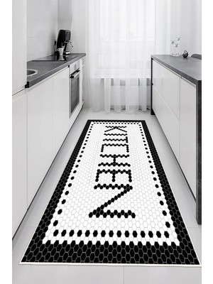 Mortapi Siyah Beyaz Kitchen Yazılı Dijital Baskılı Kaymaz Yıkanabilir Mutfak Halısı Yolluk