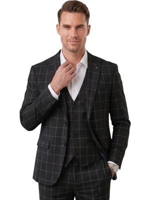 Rizzup Erkek Siyah Slim Fit 3’lü Takım Elbise – Yelekli Ekose Desenli Çift Düğme Takım Elbise 2600501