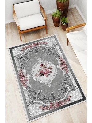 Mortapi Çiçek Desenli Gri Baskılı Kaymaz Yıkanabilir Salon Oturma Odası Mutfak Antre Balkon Halısı Yolluk