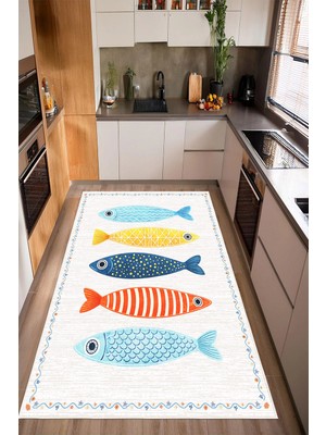 Mortapi Balık Desenli Baskılı Kaymaz Yıkanabilir Mutfak Balkon Salon Halısı Hol Antre Halısı Yolluk