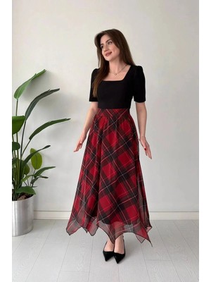 Modalima Kırmızı Ekose Desen Vatkalı U Yaka Midi Elbise