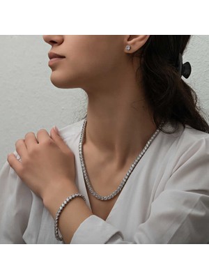 Avensyy Gümüş 5 mm Beyaz Taşlı Su Yolu Kadın Set