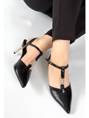 Alfaze Siyah Cilt Taş Detaylı T Bant Slingback Gold Topuklu Ayakkabı Topuk Boyu 7,5 cm
