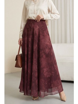 Moda Morfo Yandan Fermuarlı Desenli Astarlı Şifon Etek -Bordo