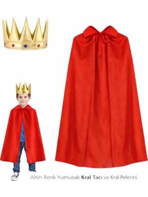 MiraLive Çocuk Boy Kral Pelerini 90 cm ve Yumuşak Eva Kral Tacı Altın Renk (K95)