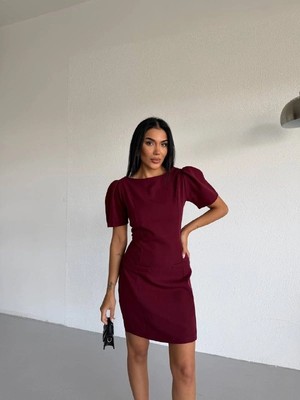 Modalima Bordo Kayık Yaka Kısa Kollu Mini Elbise