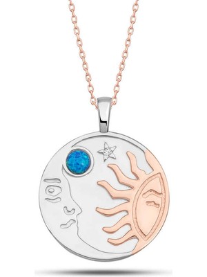 Avensyy 925 Ayar Gümüş Rose Opal Mavi Taşlı Ay Güneş Kadın Kolye
