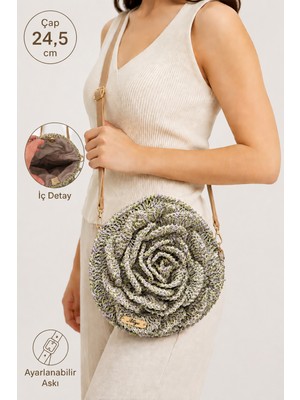 Aliye Kadın El Örgüsü Çapraz Çanta | Pastel Lila & Yeşil Tek Yön Çiçek Desenli Ayarlanabilir Askılı Butik Tasarım