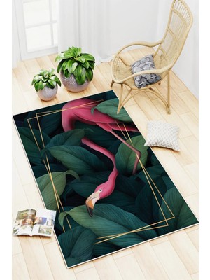 Mortapi Flamingo Desen Baskılı Kaymaz Yıkanabilir Salon Oturma Odası Mutfak Balkon Teras Halısı Yolluk
