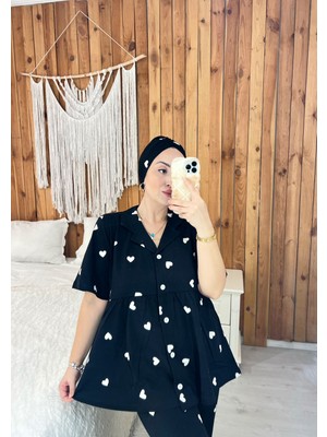 By Gamze Arman Tesettür Boneli Kalp Desenli Geniş Kalıp Pamuk Kumaş Hamile Lohusa Pijama Takımı