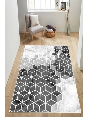 Mortapi Gri Geometrik Desen Baskılı Kaymaz Yıkanabilir Salon Oturma Odası Mutfak Antre Halısı Yolluk