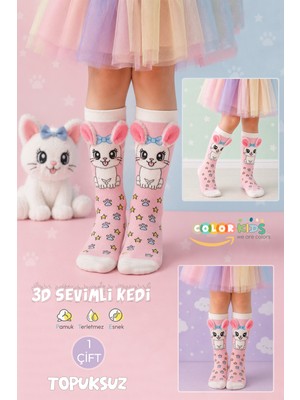 Color Socks 1 Çift Pembe Kedi Peluş Kulaklı Çocuk Çorap (Topuksuz)