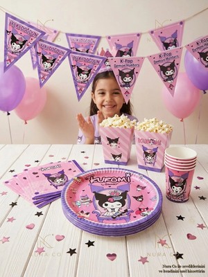 Nura Co Kuromi 16 Kişilik Doğum Günü Parti Seti Tabak Bardak Peçete Balon Flama Mısır Kutusu Mor Pembe
