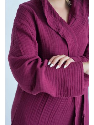 Layan Home %100 Pamuk 4 Kat Müslin Unisex Kapüşonlu Bornoz - Bordo