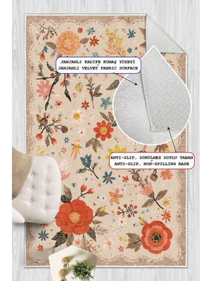 Mortapi Yeşil Floral Desen Baskılı Kaymaz Yıkanabilir Salon Oturma Odası Mutfak Antre Halısı Yolluk
