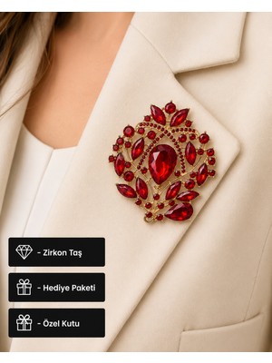 Herşey Nota Premium Kırmızı Zirkon Taşlı Gold Renk Kadın Broş Rozet Aksesuar