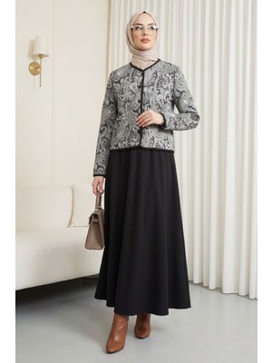 Moda Morfo Top Düğme Etnik Desen Etekli Krep Takım -Siyah