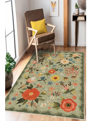 Mortapi Yeşil Floral Desen Baskılı Kaymaz Yıkanabilir Salon Oturma Odası Mutfak Antre Halısı Yolluk