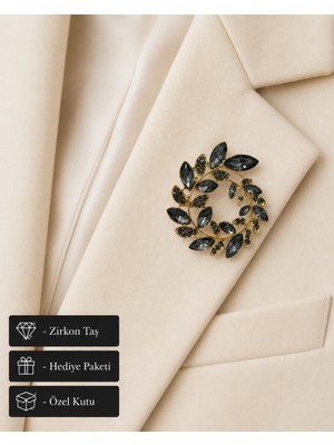 Herşey Nota Hediye Siyah Zirkon Taşlı Gold Yaprak Tasarım Kadın Broş