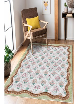 Mortapi Çerçeveli Floral Desen Baskılı Kaymaz Yıkanabilir Salon Oturma Odası Mutfak Antre Halısı Yolluk