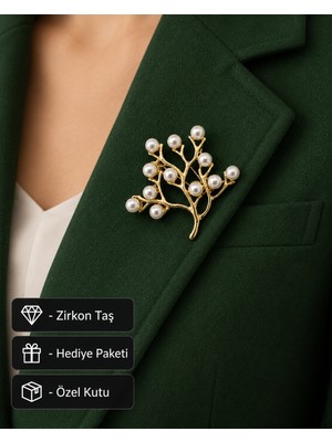 Herşey Nota Hediye Inci Detaylı Gold Kadın Broş Modeli Şık Tasarım Ceket Aksesuarı