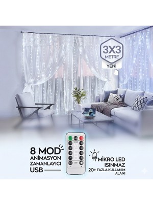 Eser Ticarett 3x3 Metre Kumandalı Beyaz Peri LED Perde Işık - 8 Fonksiyonlu Zamanlayıcılı Animasyonlu USB Mikro LED