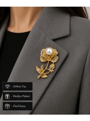 Herşey Nota Premium Incili Gül Tasarım Taşlı Kadın Broş Hediye Yaka Aksesuarı