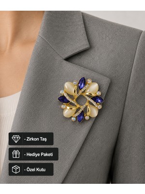 Herşey Nota Premium Hediye Kadın Broş Mor Taşlı Inci Görünümlü Gold Renk Çiçek Broş