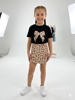 Kids Çocuk Kidscocuk Kız Çocuk Leopar Desenli Taş Detaylı Şort Etek Takım 2 Parça (3-10YAŞ)