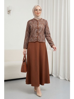 Moda Morfo Top Düğme Etnik Desen Etekli Krep Takım -Kahve