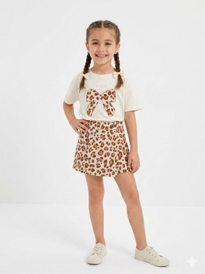 Kids Çocuk Kidscocuk Kız Çocuk Leopar Desenli Taş Detaylı Şort Etek Takım 2 Parça (3-10YAŞ)
