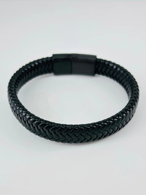 Sepetopia Siyah Deri / Çelik  Erkek Deri Bileklik 20 Cm  - EBL0065
