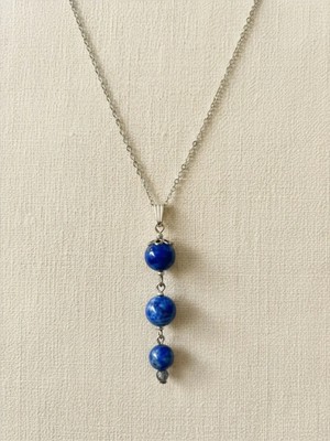 Lapis Lazuli Doğal Taş Kolye - Mavi Kolye - Casual Mavi Lapis Lazuli Gümüş Renkli Üç Taşlı Kolye