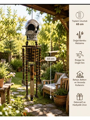WoodBay El Yapımı Iskelet Figürlü Rüzgar Çanı Bambu Dekoratif Bahçe Balkon Süsü 65 cm