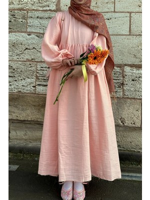 Ande Tesettür Classic Müslin Elbise - Toz pembe