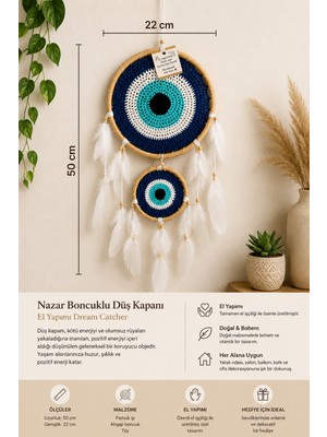WoodBay Nazar Boncuklu Düş Kapanı Dream Catcher El Yapımı Makrome Duvar Süsü 22X50 cm