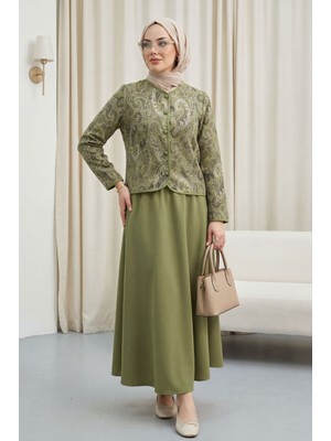 Moda Morfo Top Düğme Etnik Desen Etekli Krep Takım -Haki