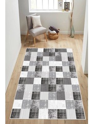 Modern Gri Desen Baskılı Kaymaz Yıkanabilir Salon Oturma Odası Mutfak Antre Halısı Yolluk