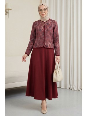 Moda Morfo Top Düğme Etnik Desen Etekli Krep Takım -Bordo