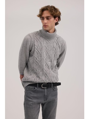 Jakamen Gri Slim Fit Tam Balıkçı Yaka Triko Kazak
