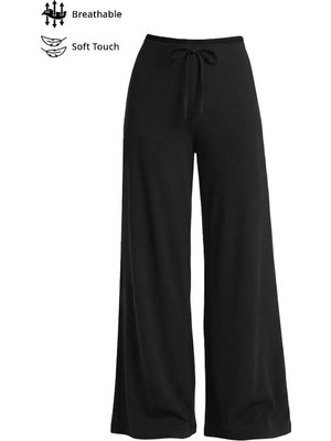 Cottonhill Siyah Viskon Basic Yüksek Bel Bol Paça Bağcıklı Kadın Pantolon
