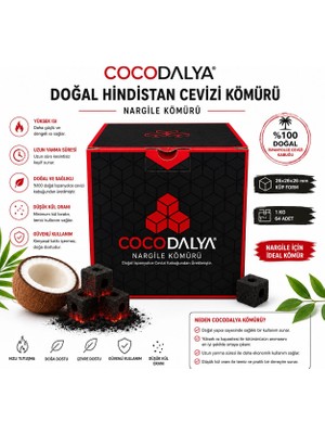 Adalya Cocodalya Nargile Kömürü 26 mm Küp Form – Doğal Hindistan Cevizi Kömürü 1 kg 64 Adet