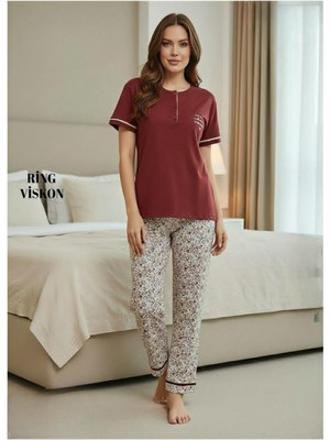 Mihra Kadın Ring Viskon Düğmeli Yaka Kısa Kol Likralı Pijama Takımı 40112BO - 1 Adet