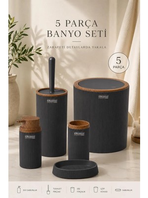Okyanus Home Mina Antrasit Ahşap Desenli Çizgili Yuvarlak 5'li Banyo Seti