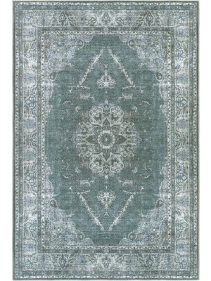 Cool Halı Private Xw Yeşil Gri Eskitme Vintage Premium Yıkanabilir Kaymaz Ince Şönil Soft Şık Salon Halısı