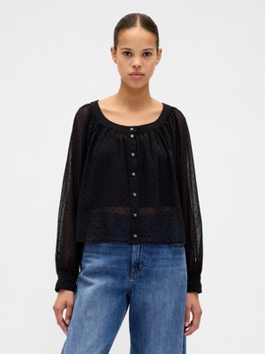 Gap Kadın Siyah Sheer Button-Front Transparan Gömlek