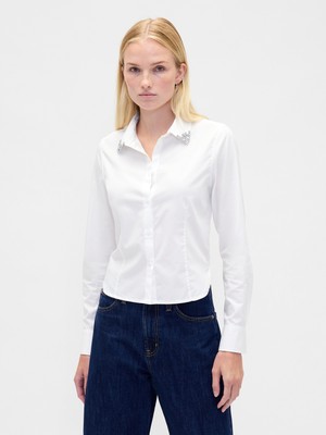 Gap Kadın Beyaz Organik Pamuk Fitted Crop Gömlek