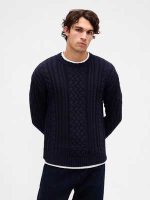Gap Erkek Lacivert Relaxed Cable-Knit Kazak