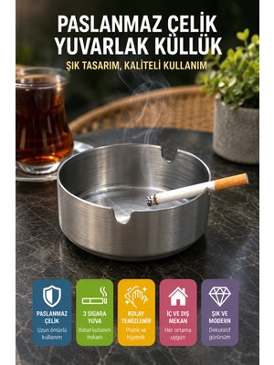 Open City Paslanmaz Çelik Metal Küllük 8 cm Yuvarlak Masaüstü Küllük Mat Gümüş Dekoratif Modeli